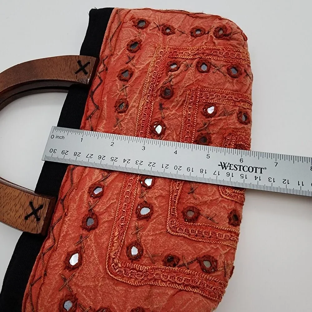 Thai Fabric Wooden Handle Tote Bag Orange Embroidered Artisan Boho Hippie 10x6
